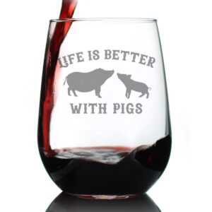 life is better with pigs - stemless wine glass - funny pig gifts and decor for men & women - large 17 oz glasses