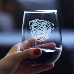 Happy Pug Stemless Wine Glass - Cute Dog Themed Decor and Gifts for Moms & Dads of Pugs - Large 17 Oz Glasses