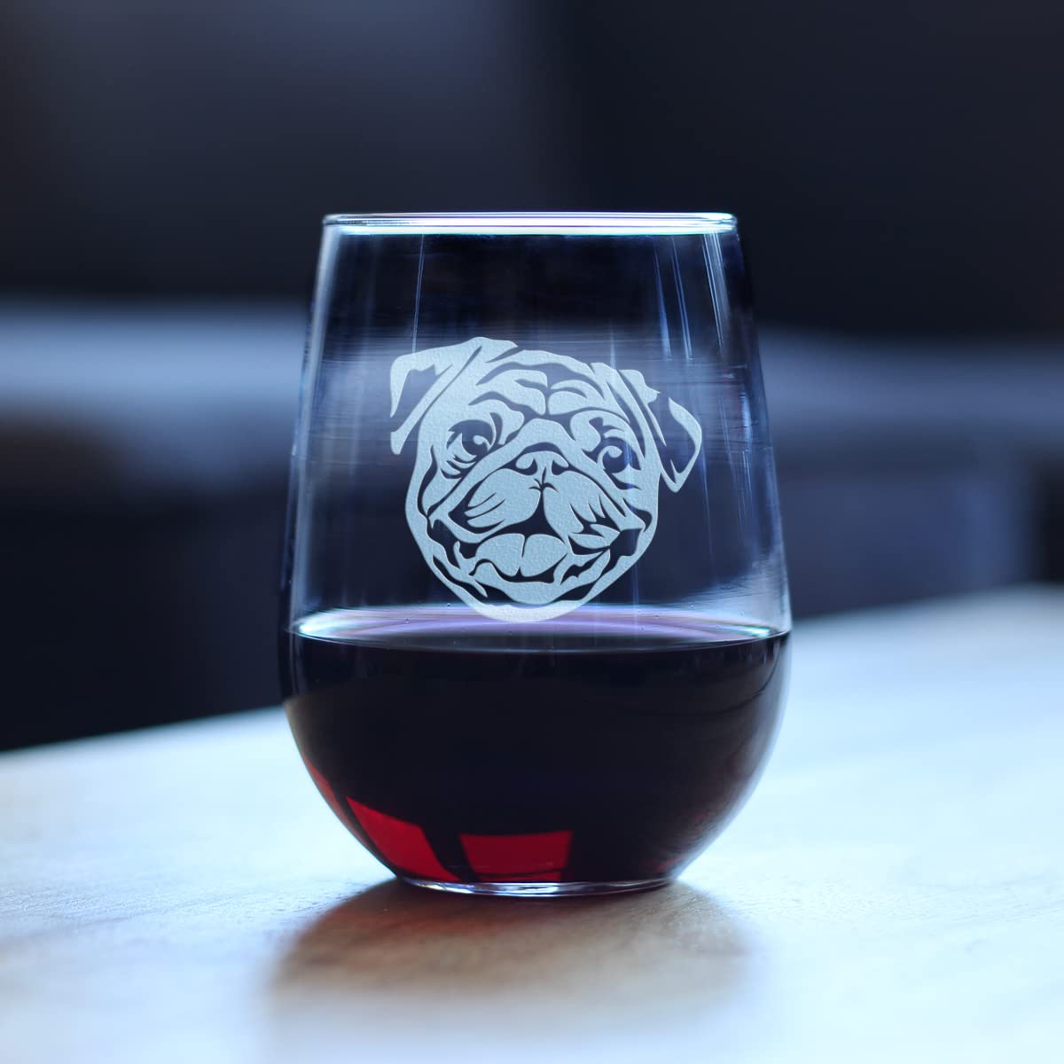 Happy Pug Stemless Wine Glass - Cute Dog Themed Decor and Gifts for Moms & Dads of Pugs - Large 17 Oz Glasses