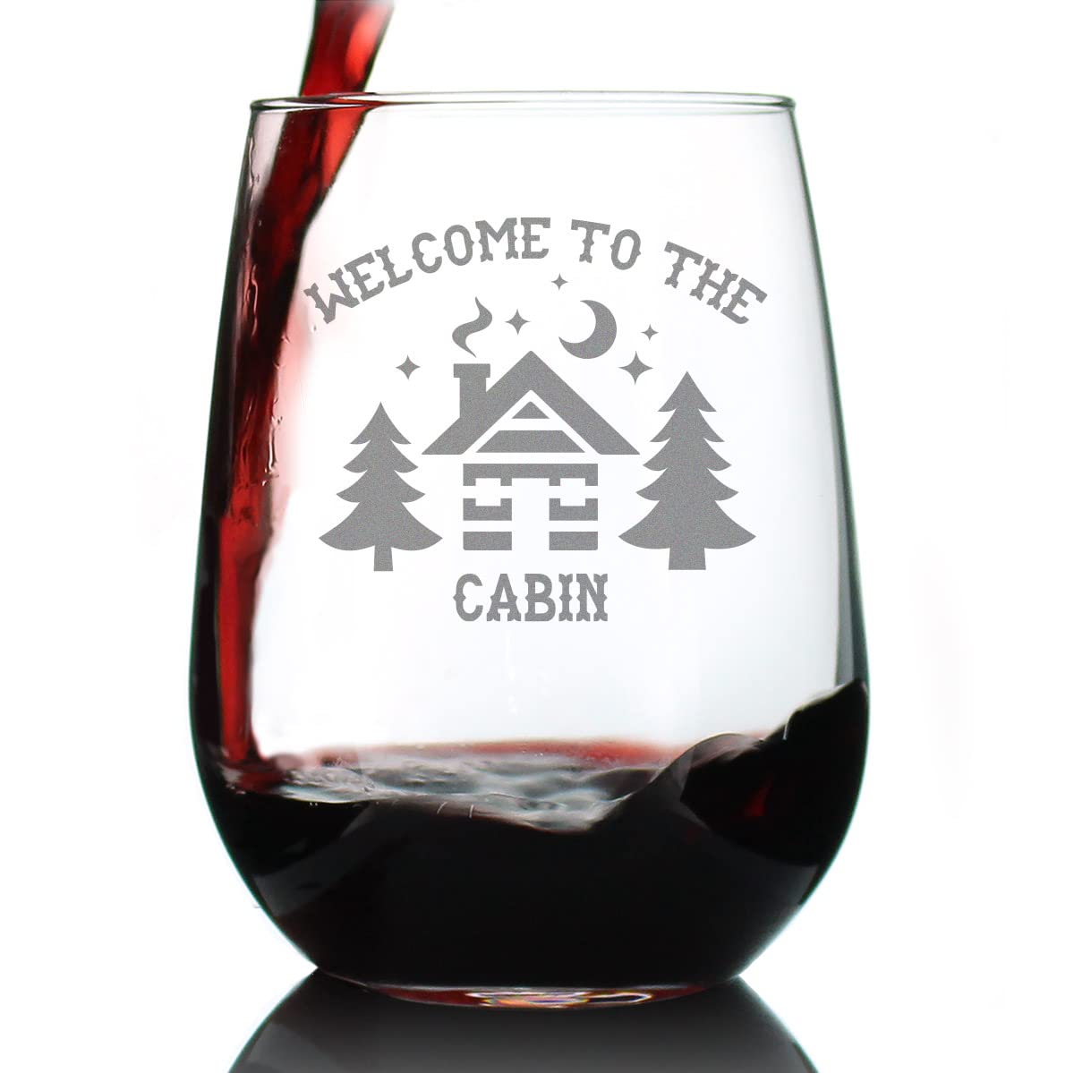 Welcome To The Cabin - Stemless Wine Glass - Rustic Themed Gifts and Cabin Decor - Large 17 Ounce