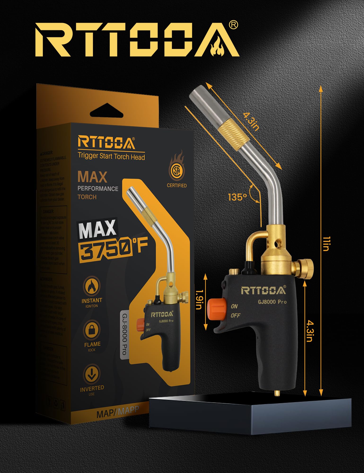 RTTOOA High Intensity Adjustable Propane Torch Head, GJ-8000 Trigger Start Mapp Gas Torch Map Gas Torch Kit with Self Ignition,Pencil Flame Welding Torch Fuel by MAPP, MAP/PRO（CSA Certified)