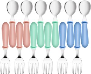 12pcs toddler forks & spoons,stainless steel baby utensils,kids silverware children's cutlery set for self feeding,bpa free metal toddler flatware with handle for boys girls(mixcolor 6 spoons 6 forks)