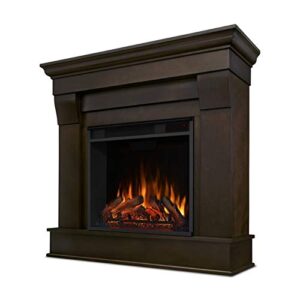 BOWERY HILL Traditional Solid Wood Indoor Electric Fireplace Mantel Heater with Remote Control, Adjustable Led Flame, 1500W in Dark Walnut