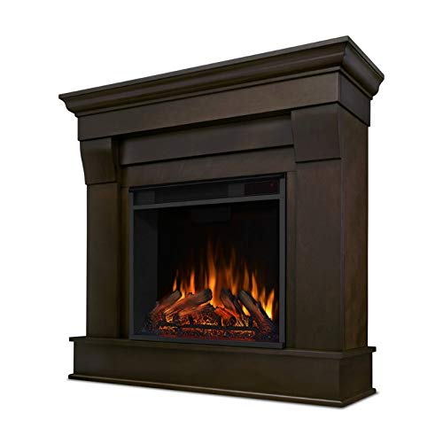 BOWERY HILL Traditional Solid Wood Indoor Electric Fireplace Mantel Heater with Remote Control, Adjustable Led Flame, 1500W in Dark Walnut