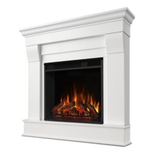 bowery hill contemporary solid wood electric fireplace mantel heater with remote control, adjustable led flame, 1500w in white