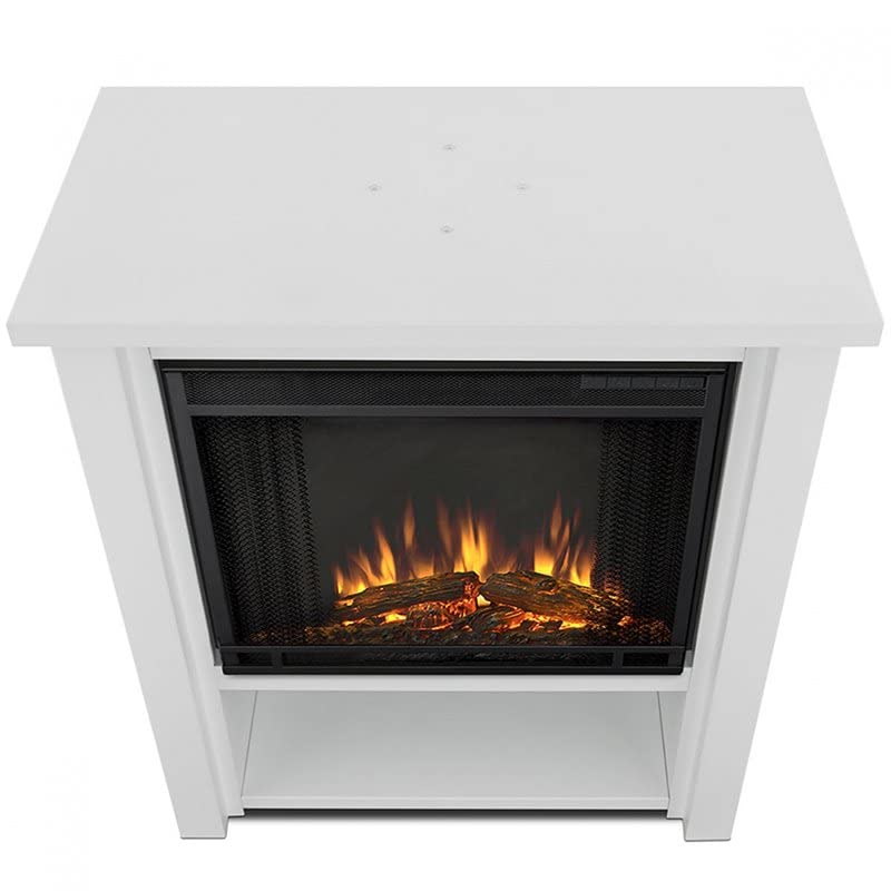 BOWERY HILL Modern Stainless Steel Electric Fireplace Mantel Heater with Remote Control, Adjustable Led Flame, 1500W in Matte White