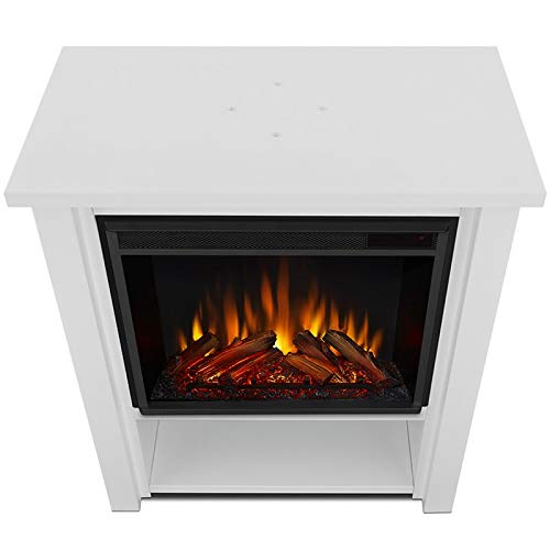 BOWERY HILL Modern Stainless Steel Electric Fireplace Mantel Heater with Remote Control, Adjustable Led Flame, 1500W in Matte White