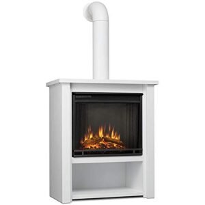 BOWERY HILL Modern Stainless Steel Electric Fireplace Mantel Heater with Remote Control, Adjustable Led Flame, 1500W in Matte White