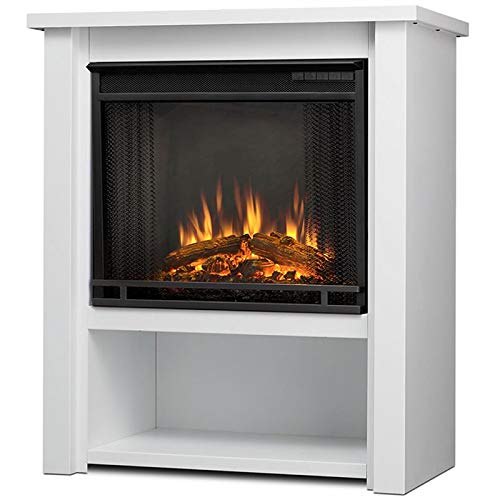 BOWERY HILL Modern Stainless Steel Electric Fireplace Mantel Heater with Remote Control, Adjustable Led Flame, 1500W in Matte White