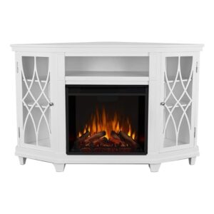 bowery hill modern wood corner fireplace tv stand for tvs up to 56" in white