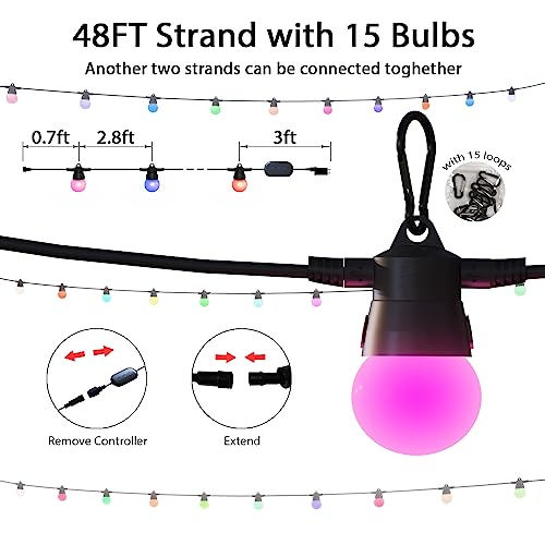 LUMIMAN Smart Color Changing Outdoor String Lights 48FT RGBIC Balcony Light with 15LED G45 Bulbs, APP Control 2.4GHZ WiFi Alexa Google, Connectable for Patio Gazebo Café Backyard