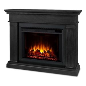 BOWERY HILL Contemporary 55.5" Wooden Surround Heater Electric Solid Wood Fireplace with Remote Control, Adjustable Led Flame, 1500W in Black