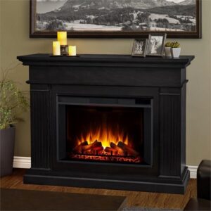 BOWERY HILL Contemporary 55.5" Wooden Surround Heater Electric Solid Wood Fireplace with Remote Control, Adjustable Led Flame, 1500W in Black