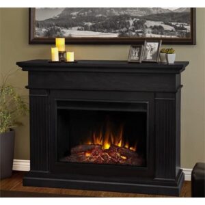 BOWERY HILL Contemporary 55.5" Wooden Surround Heater Electric Solid Wood Fireplace with Remote Control, Adjustable Led Flame, 1500W in Black