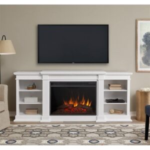 BOWERY HILL Contemporary Entertainment Fireplace Mantel Heater with Remote Control, Adjustable Led Flame, 1500W in White