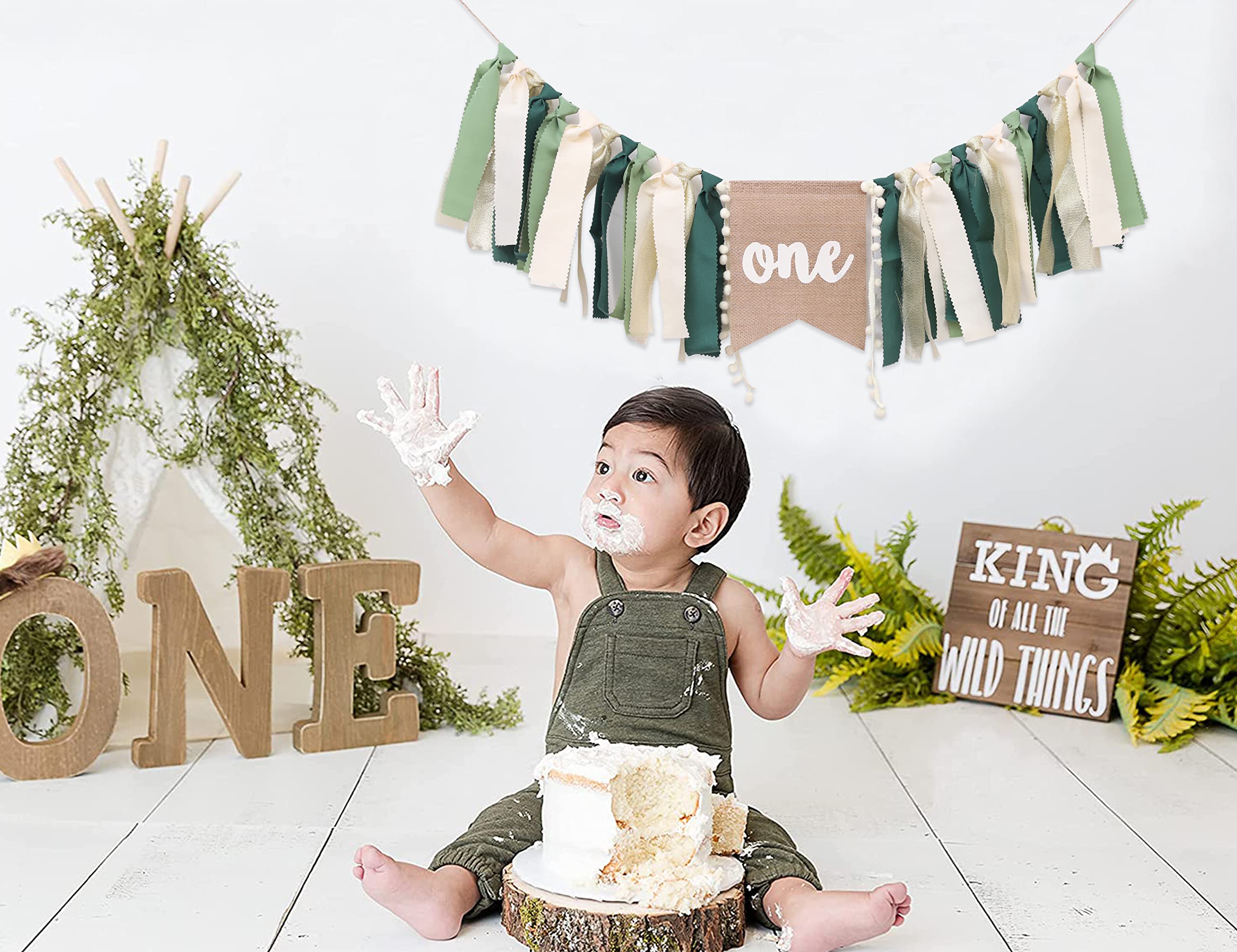 Wild One Highchair Banner, Jungle Highchair Banner, Safari Birthday，high Chair Banner First Birthday Boy，one High Chair Banner Boy Party Decorations（green）