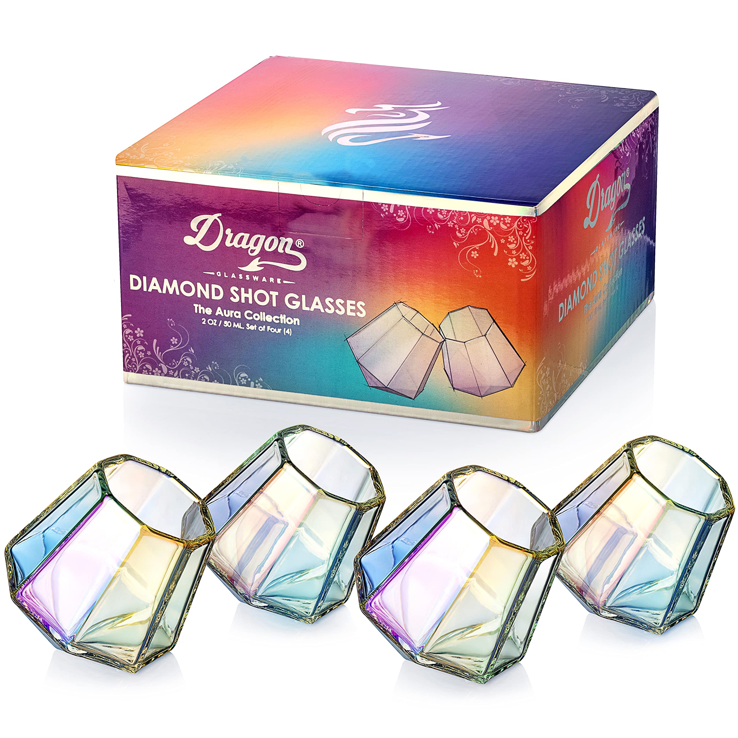 Dragon Glassware Shot Glasses, Iridescent Diamond Shaped Glass Set, Cute and Unique Barware, Naturally Aerates, Dishwasher Safe, 2 oz Capacity, Set of 4