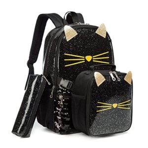 meetbelify backpack for girls backpacks kids sequin bookbag for elementary preschool student laptop bag with lunch box 16inch cat