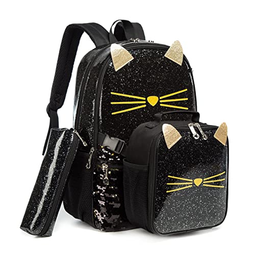 Meetbelify Backpack for Girls Backpacks Kids Sequin Bookbag for Elementary Preschool Student Laptop Bag with Lunch Box 16inch Cat