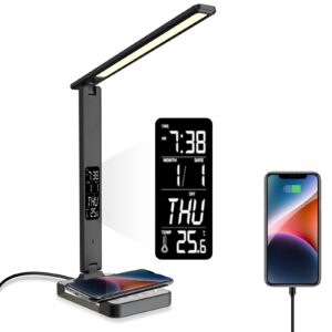poukaran desk lamp, led desk lamp with wireless charger, usb charging port, table lamp with night light, desk lights with clock, alarm, date and temperature, black
