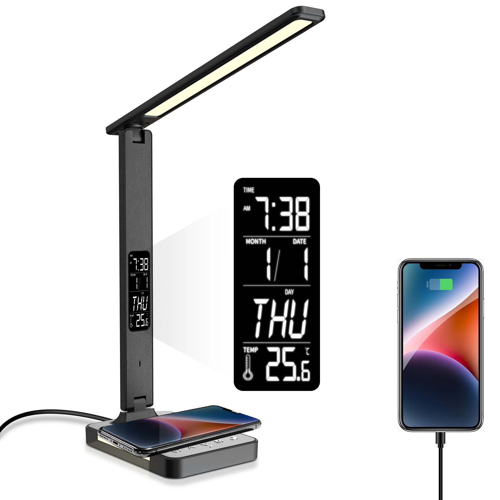 poukaran Desk Lamp, LED Desk Lamp with Wireless Charger, USB Charging Port, Table Lamp with Night Light, Desk Lights with Clock, Alarm, Date and Temperature, Black