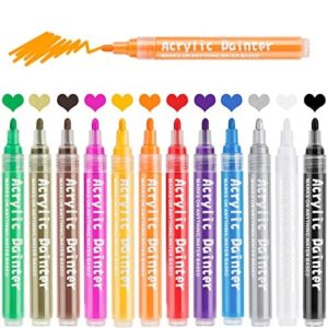 reoney acrylic marker pens, 12 colors quick-dry paint pens (2-3 mm medium tip) for rock painting wood ceramics glass canvas diy craft rock painting supplies