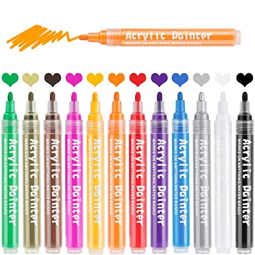 REONEY Acrylic Marker Pens, 12 Colors Quick-Dry Paint Pens (2-3 MM Medium Tip) for Rock Painting Wood Ceramics Glass Canvas DIY Craft Rock Painting Supplies