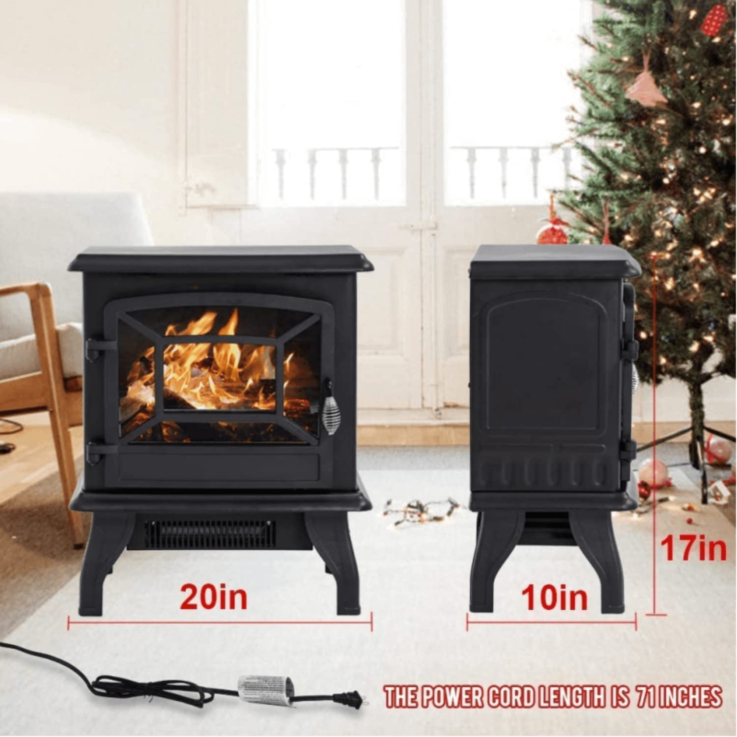 Electric Fireplace Heater Stove 20" Freestanding Stove Heater 1400W/4780BTU Indoor Small LED Heater for Home Office,Overheating Safety Protection,Realistic Flame Effect,Black