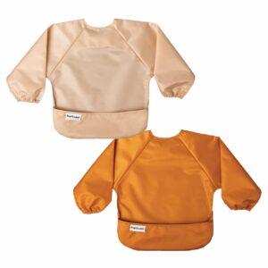 tiny twinkle mess proof baby bib, 2 pack long sleeve bib outfit, waterproof bibs for toddlers, machine washable, tug proof (sand cinnamon, small 6-24 months)