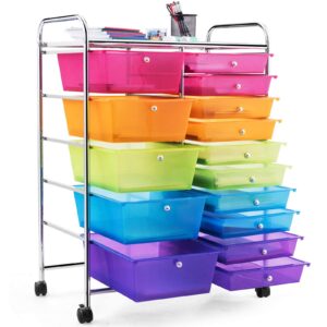 giantex 15-drawers rolling storage cart, mobile book paper organizer utility trolley with wheels, ideal for school, office, home (rainbow)