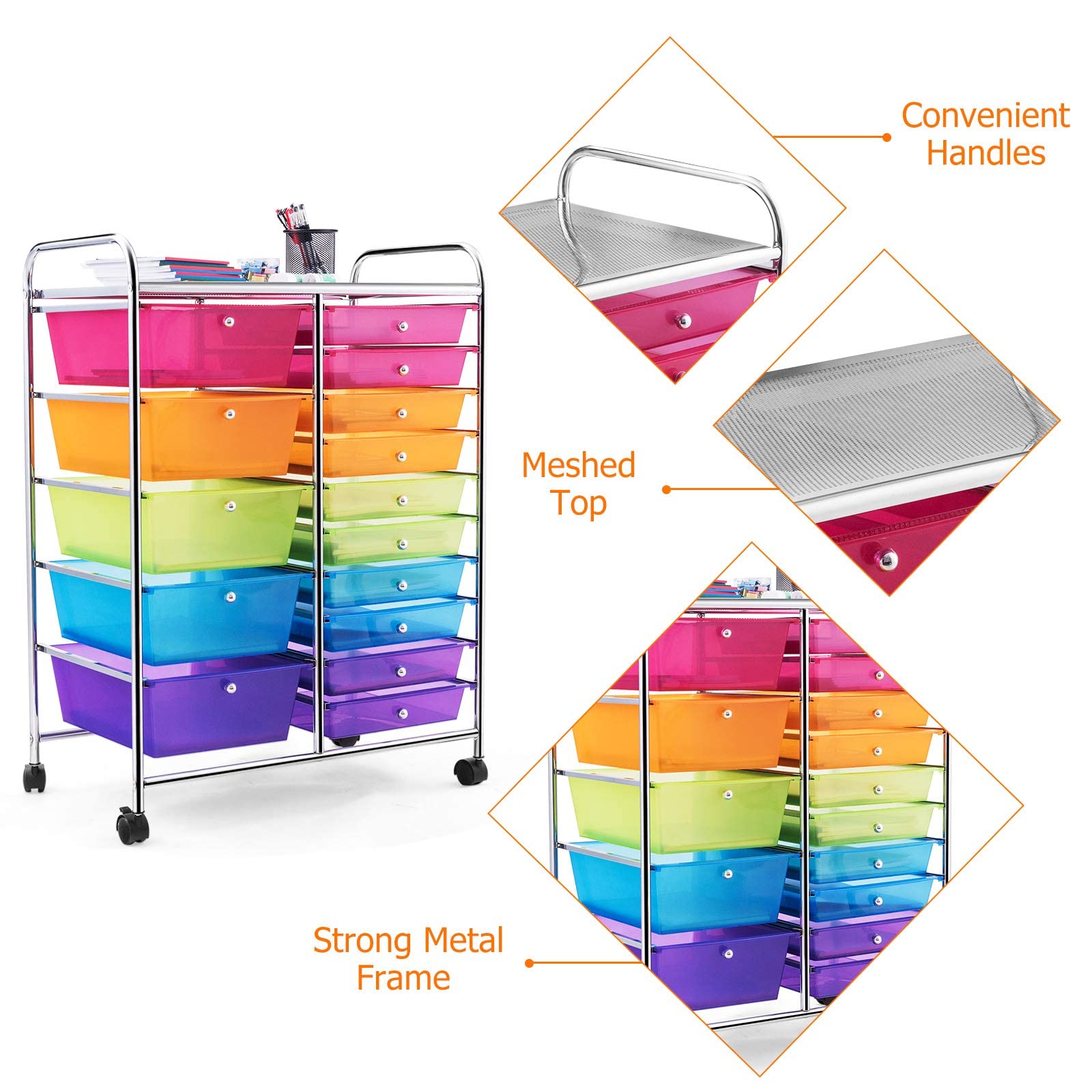 Giantex 15-Drawers Rolling Storage Cart, Mobile Book Paper Organizer Utility Trolley with Wheels, Ideal for School, Office, Home (Rainbow)