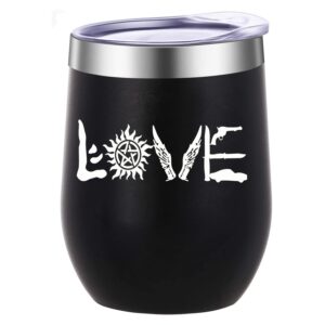 athand love sign insulated stainless steel tumbler with lid 12oz - supernatural merchandise gifts -black vacuum wine mug stemless novelty cup-birthday mothers day gifts for her women men mom friends