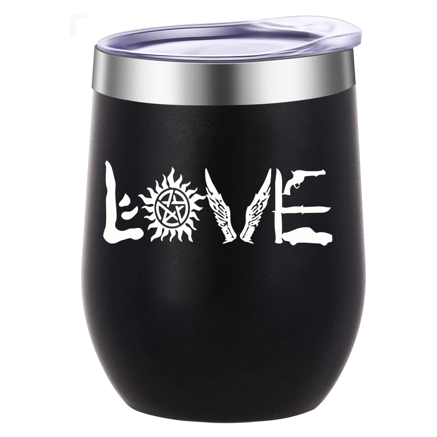 ATHAND Love Sign Insulated Stainless Steel Tumbler with Lid 12oz - Supernatural Merchandise Gifts -Black Vacuum Wine Mug Stemless Novelty Cup-Birthday Mothers Day Gifts For Her Women Men Mom Friends