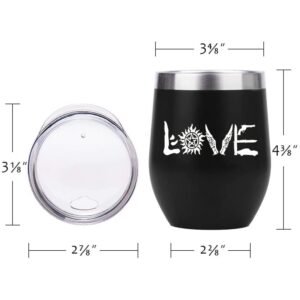 ATHAND Love Sign Insulated Stainless Steel Tumbler with Lid 12oz - Supernatural Merchandise Gifts -Black Vacuum Wine Mug Stemless Novelty Cup-Birthday Mothers Day Gifts For Her Women Men Mom Friends