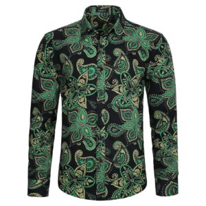 hisdern mens green paisley floral shirt casual long sleeve vintage black flowered printed shirts 70s slim fit party button down dress shirts