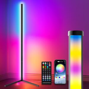led corner floor lamp for living room, 63.5" adjustable rgb color changing lamp with remote and app control, dimmable led modern floor lamp for bedroom living room, music sync, timing, multi modes