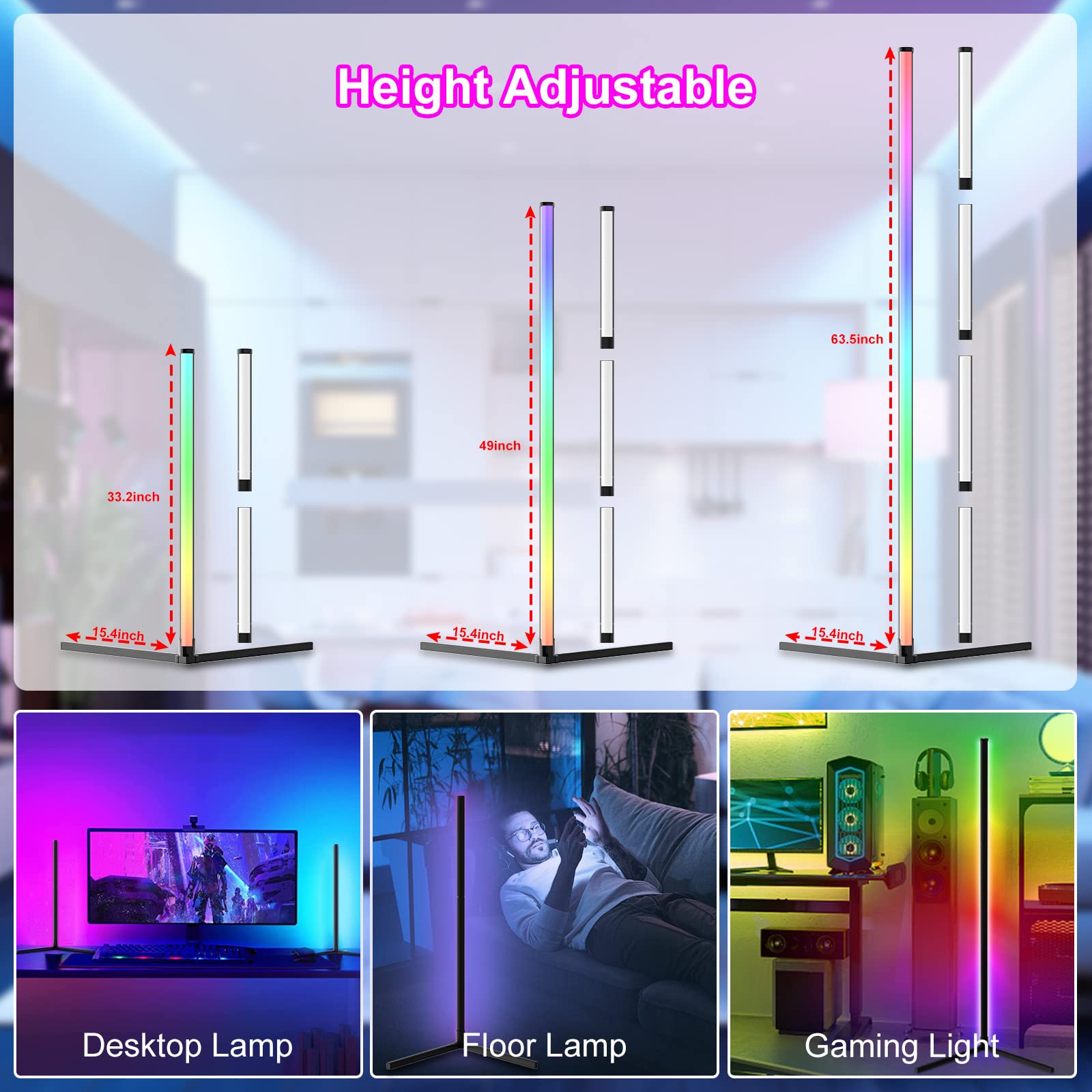 LED Corner Floor Lamp for Living Room, 63.5" Adjustable RGB Color Changing Lamp with Remote and App Control, Dimmable LED Modern Floor Lamp for Bedroom Living Room, Music Sync, Timing, Multi Modes