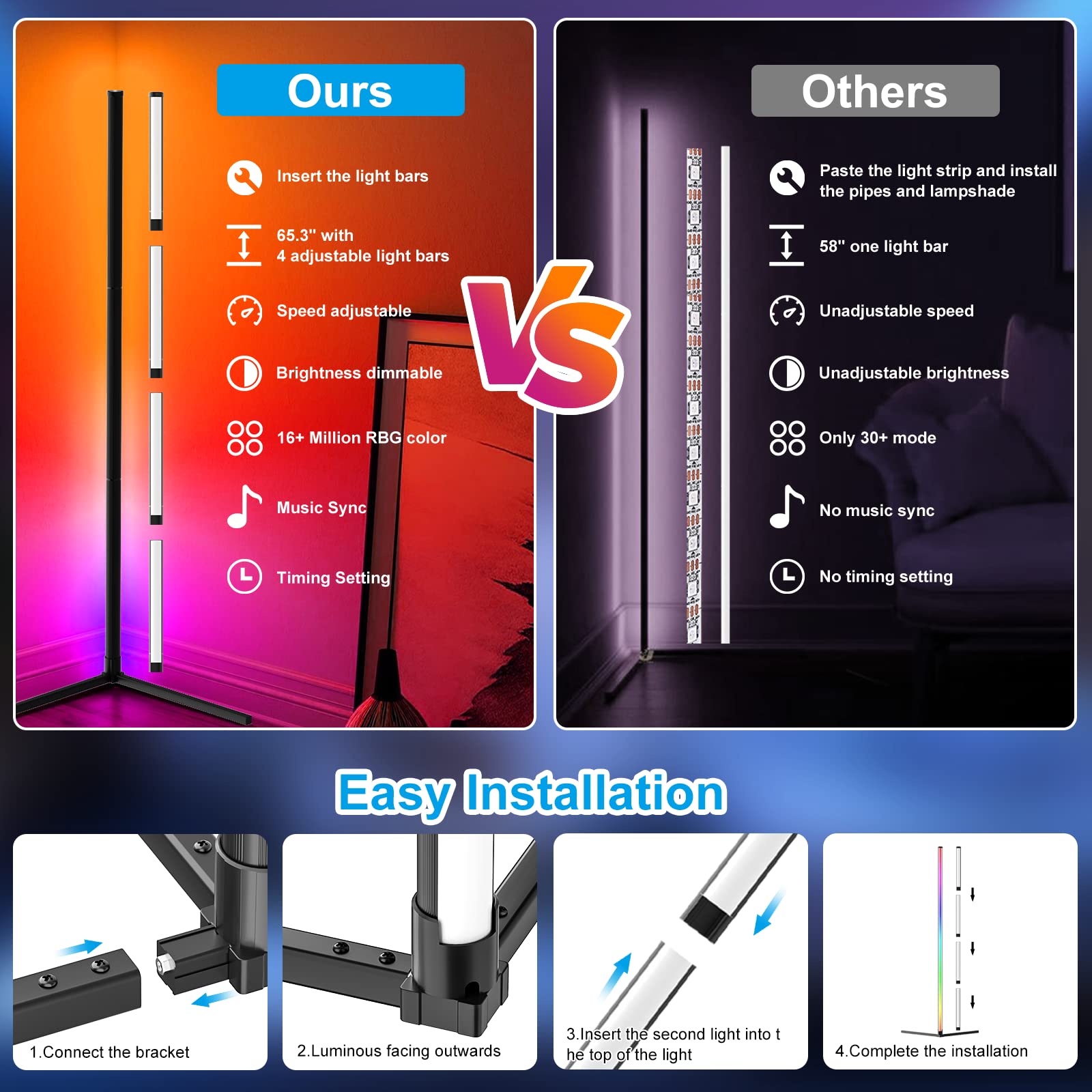 LED Corner Floor Lamp for Living Room, 63.5" Adjustable RGB Color Changing Lamp with Remote and App Control, Dimmable LED Modern Floor Lamp for Bedroom Living Room, Music Sync, Timing, Multi Modes