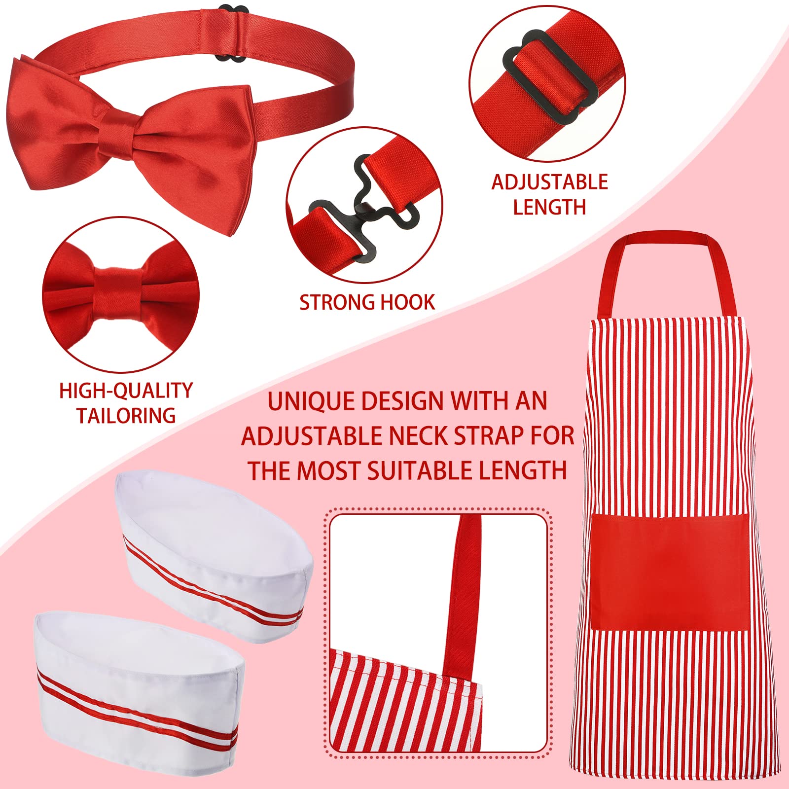 SATINIOR 4 Pcs Adult Waiter Costume Kits Hot Dog Soda Jerk Movie Night Waiter Cosplay Costume 50s Carnivals Circus Party(Red and White Stripe)