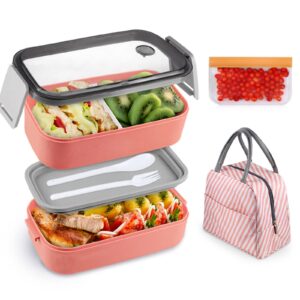 natraprow bento box for adults bpa-free leak proof 3 compartments lunch box kit with detachable divider, lunch bag, stackable lunch containers pink bento box with utensils (pink)