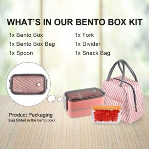 NatraProw Bento Box For Adults BPA-Free Leak Proof 3 Compartments Lunch Box Kit With Detachable Divider, Lunch Bag, Stackable Lunch Containers Pink Bento Box With Utensils (pink)