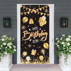 Black Gold Happy Birthday Door Banner,Birthday Door Cover Decoration Supplies Happy Birthday Backdrop Photography Background Sign for Women and Girls Birthday Party Home Outdoor Decor