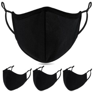 cloth face mask breathable 3-ply adjustable ear loops, washable reusable cotton black sport masks for unisex adult (pack of 4) (l-black-for most women men)
