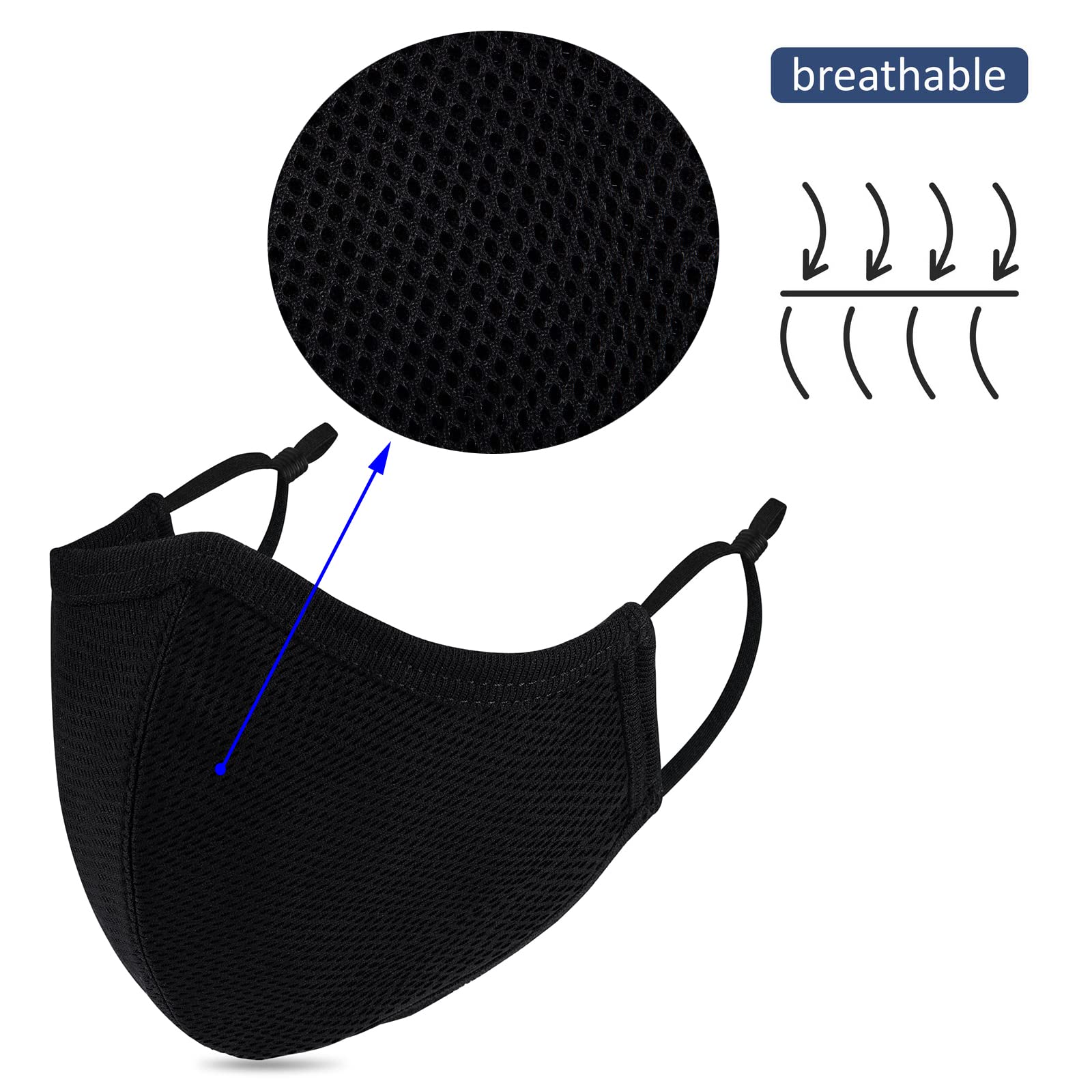 Cloth Face Mask Breathable 3-Ply Adjustable Ear Loops, Washable Reusable Cotton Black Sport Masks for Unisex Adult (Pack of 4) (L-Black-for Most Women Men)