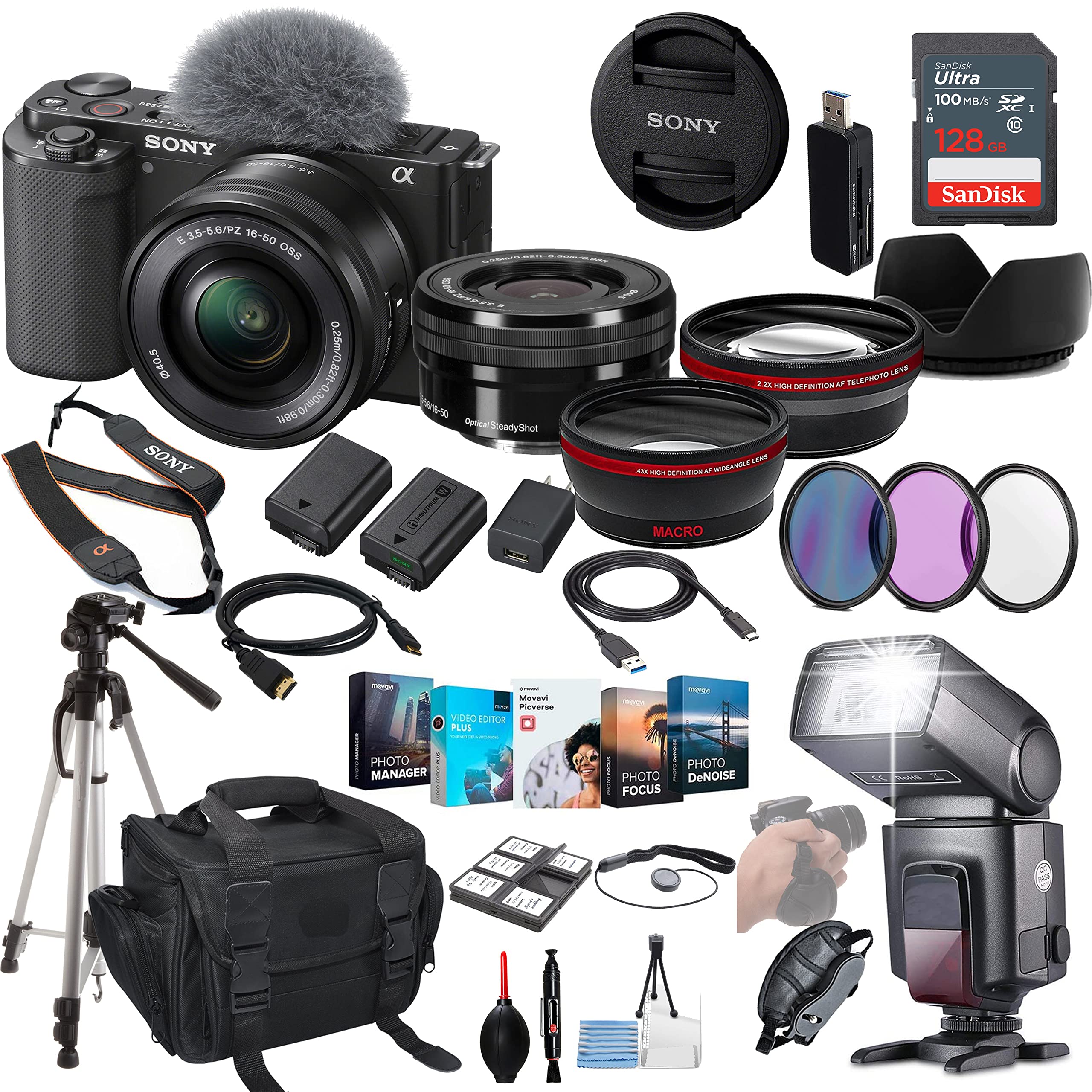 Sony ZV-E10 Mirrorless Camera with 16-50mm Lens (Black) Bundle - ILCZV-E10L/B + Prime Accessory Package Including 128GB Memory, TTL Flash, Battery, Editing Software Package, Auxiliary Lenses & More