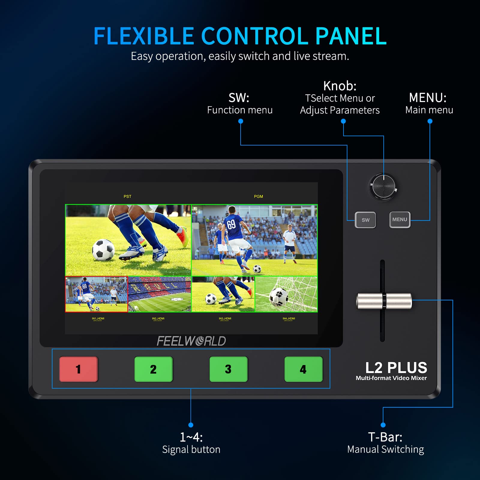 FEELWORLD L2 Plus Multi Camera Video Mixer Switcher with 5.5 inch LCD Touch Screen PTZ Controller Chroma Key 4 HDMI Inputs USB3.0 Output Format Real Time Production Live Streaming Built in Cooler