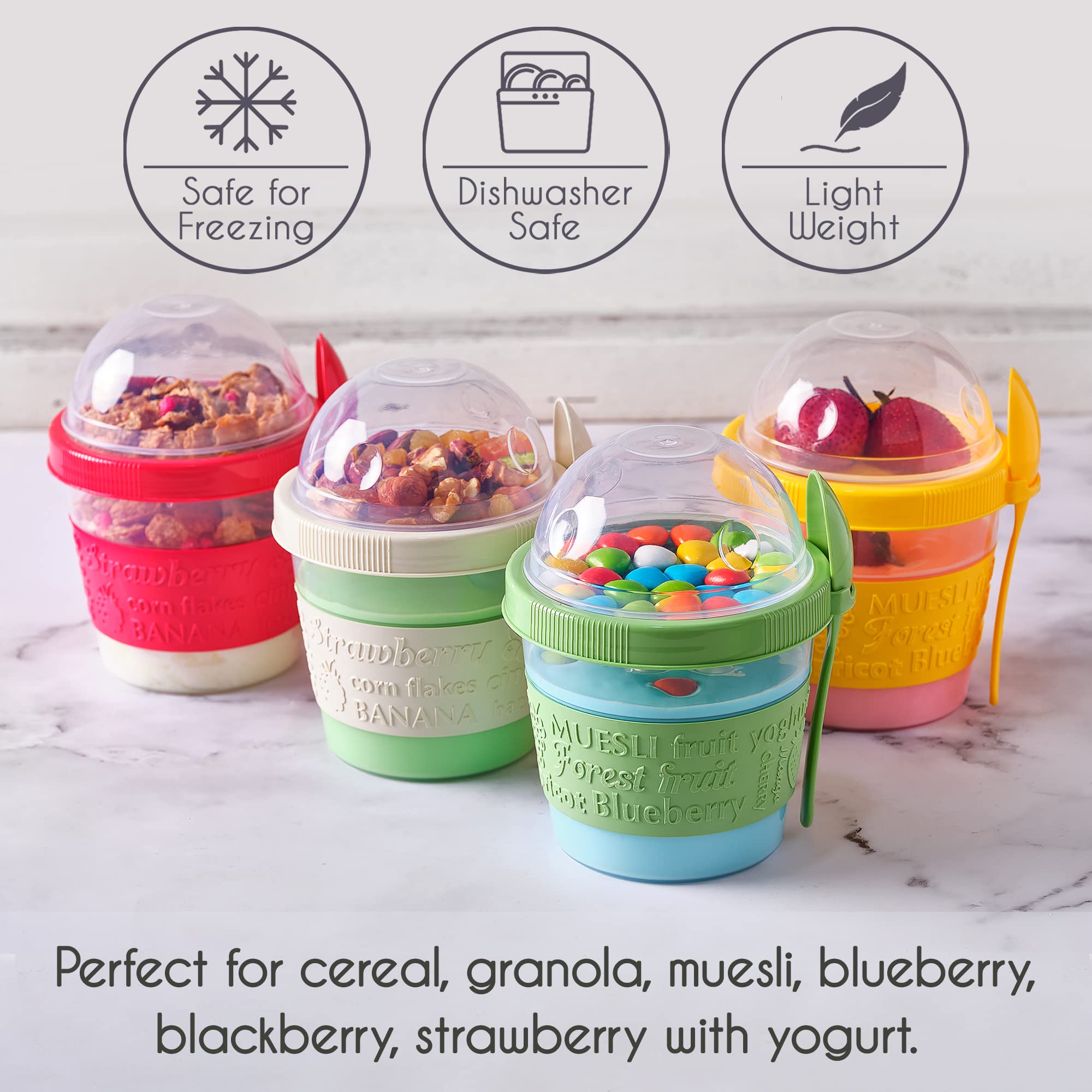 Crystalia Yogurt Parfait Cups with Lids, Mini Breakfast On the Go Plastic Bowls with Topping Cereal Oatmeal Container with Spoon for Lunch Box, Portable & Reusable, Colorful Set of 4 (Small 17 oz)