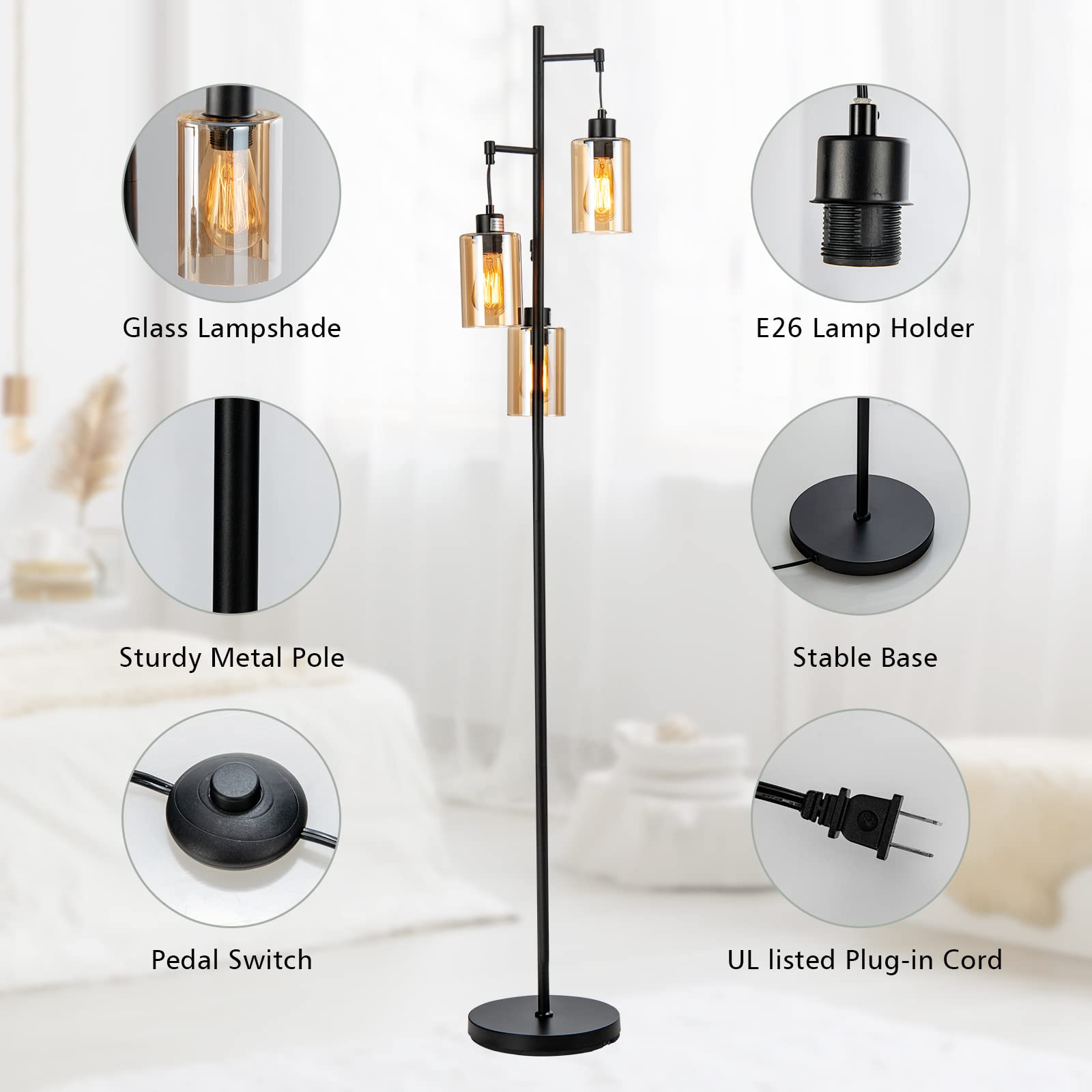 Tangkula 3 Lights Floor Lamp, Retro Floor Lamp with 3-Head Hanging Amber Glass Shade, Foot Switch, Metal Base, Industrial Floor Lamp for Living Room Bedroom Office (Black)