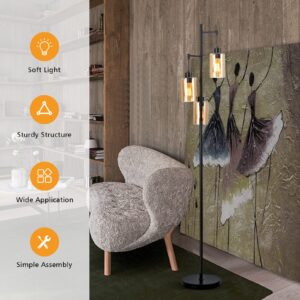 Tangkula 3 Lights Floor Lamp, Retro Floor Lamp with 3-Head Hanging Amber Glass Shade, Foot Switch, Metal Base, Industrial Floor Lamp for Living Room Bedroom Office (Black)