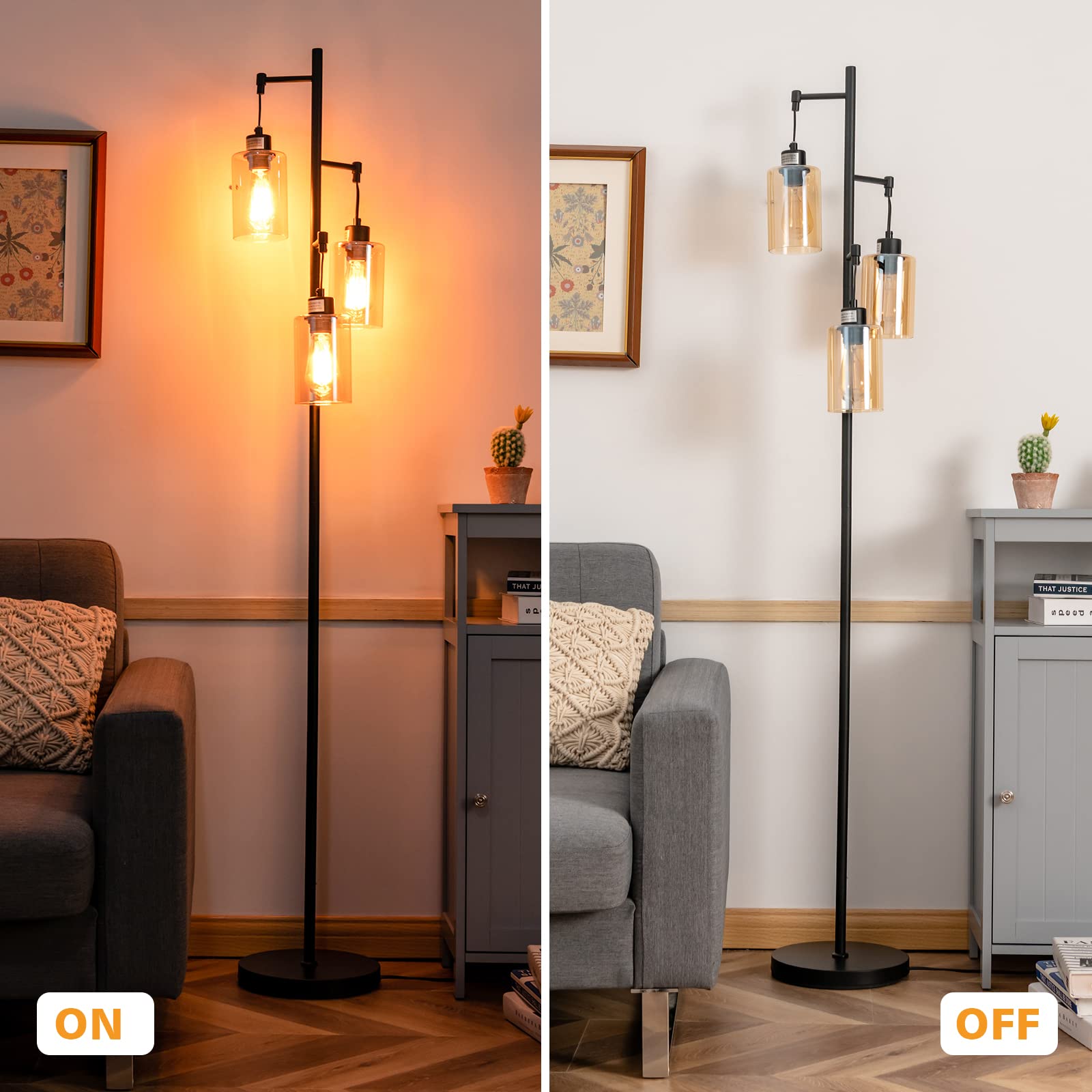 Tangkula 3 Lights Floor Lamp, Retro Floor Lamp with 3-Head Hanging Amber Glass Shade, Foot Switch, Metal Base, Industrial Floor Lamp for Living Room Bedroom Office (Black)